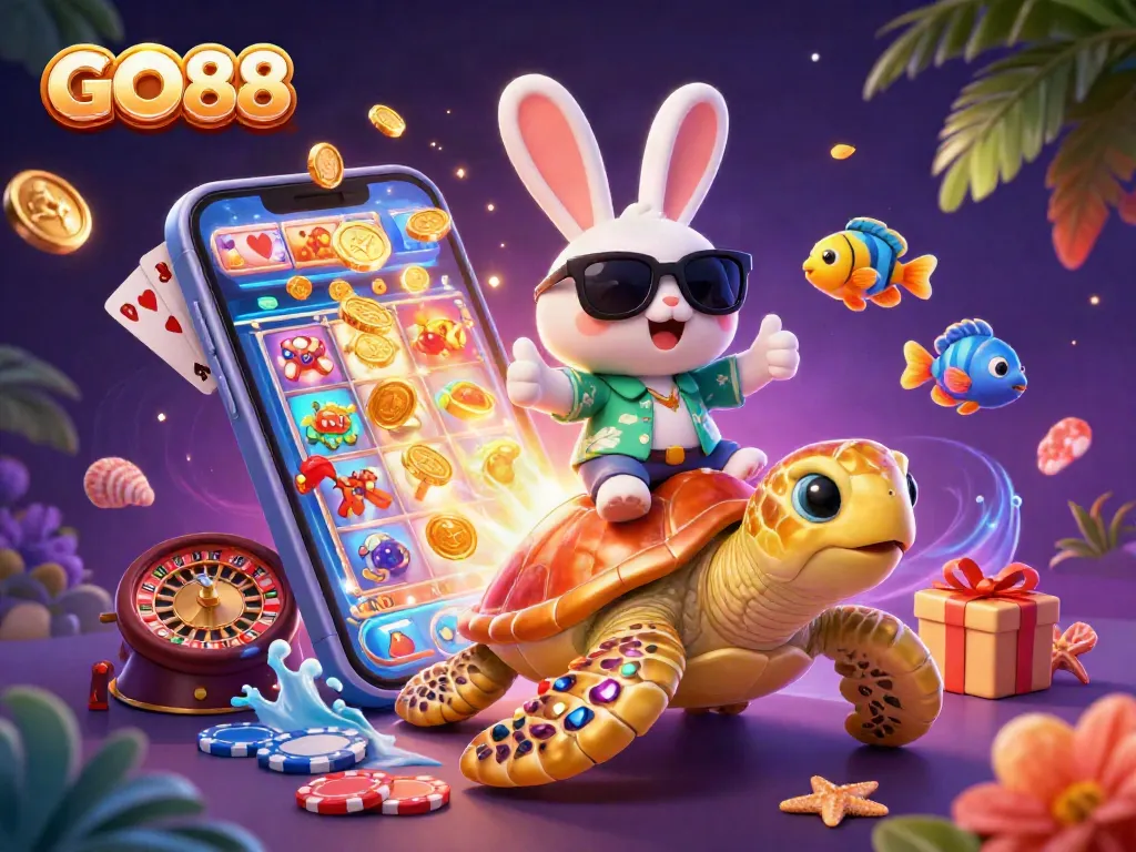 Join GO88 for an exciting experience as a lucky rabbit rides with a sea turtle while jackpot coins burst from a smartphone.