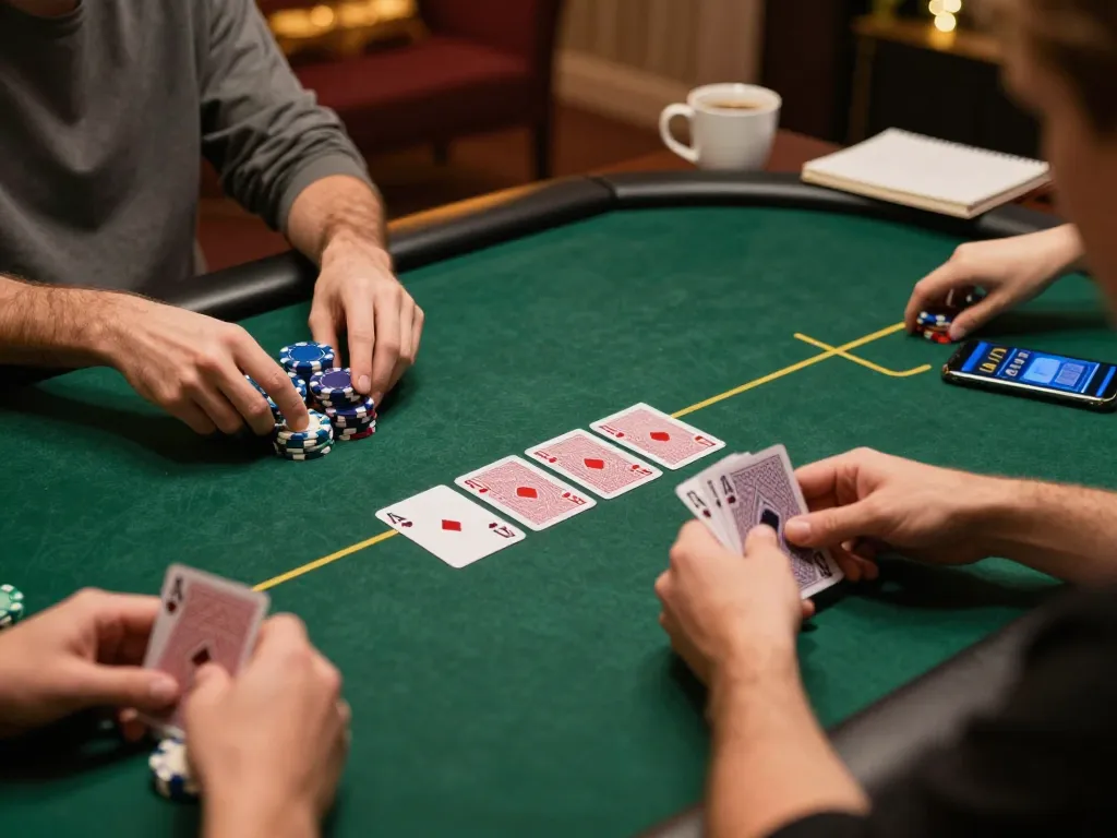 Fly88 players engaged in strategic poker gameplay with chips stacked and cards in hand