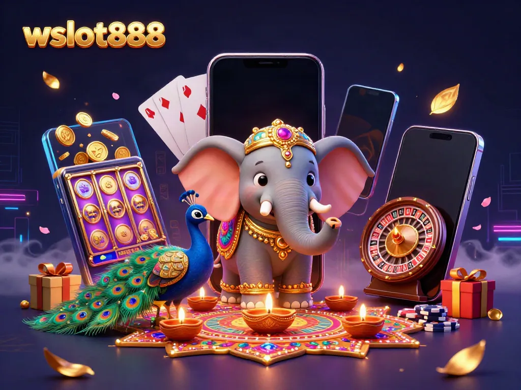 Permainan slot wslot888 menampilkan gajah dan merak berhiaskan lampu minyak dalam ilustrasi yang ceria.