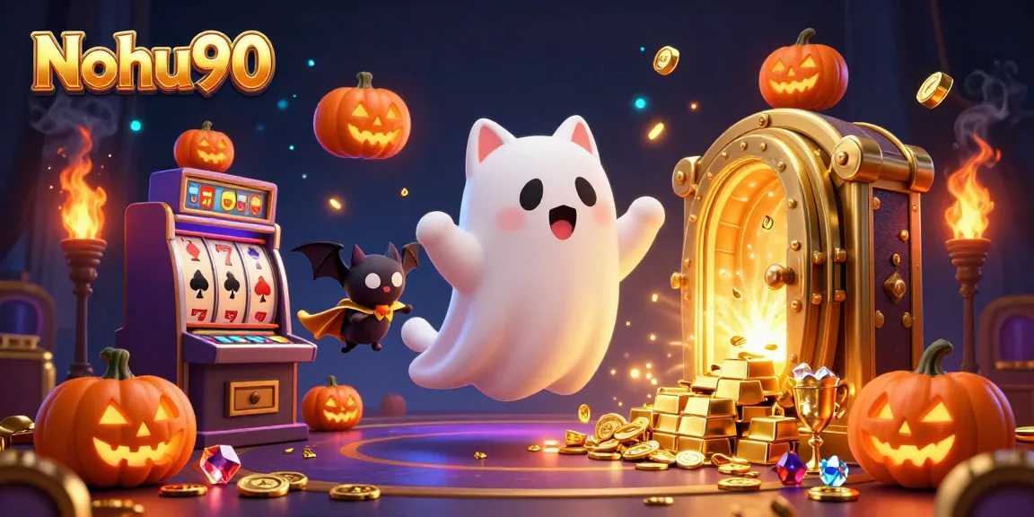 Nohu90 brings excitement to slot games with a friendly ghost cat and vampire bat in a rich, illuminated casino scene.