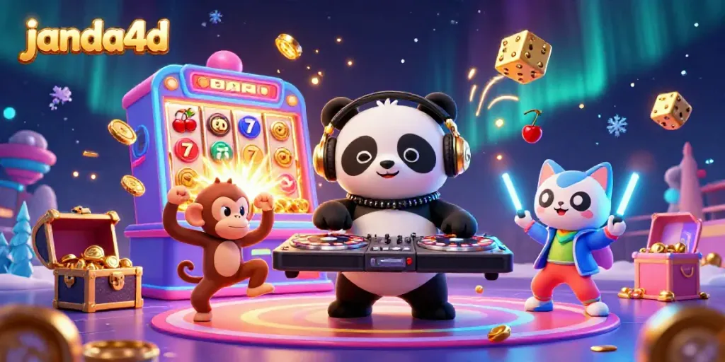 Slot jackpot meriah dengan DJ panda dan teman di janda4d, penuh warna dan aksi seru.