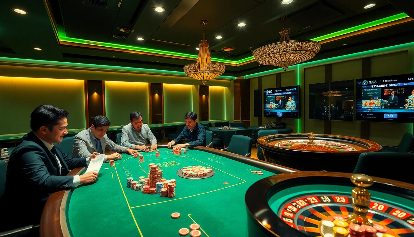 UU88 gamblers interacting at a deluxe casino table with vibrant poker chips and thrilling games.