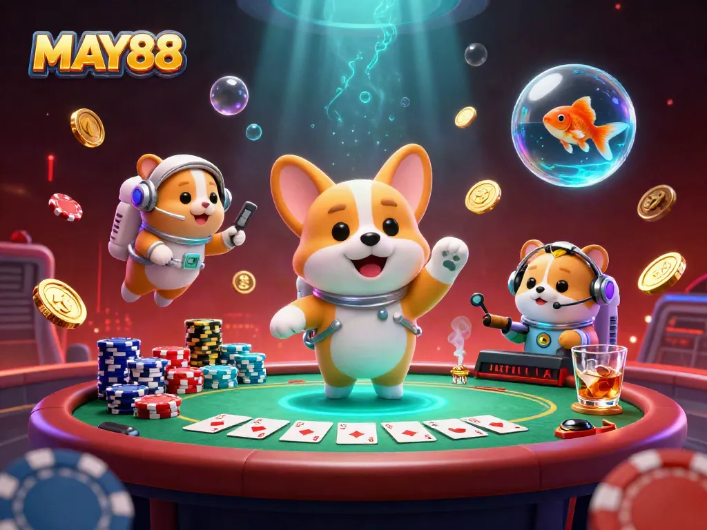 Engage with the excitement at MAY88's space casino featuring colorful poker elements and characters.