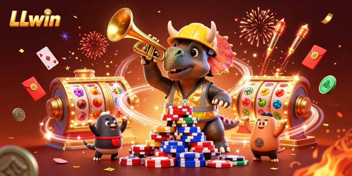 Experience the thrilling excitement of LLwin with vibrant slot reels and dynamic characters celebrating a winning moment.