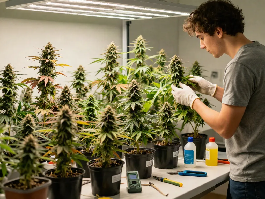 Cannabis genetics showcased in an indoor grow room, featuring diverse thriving plants.