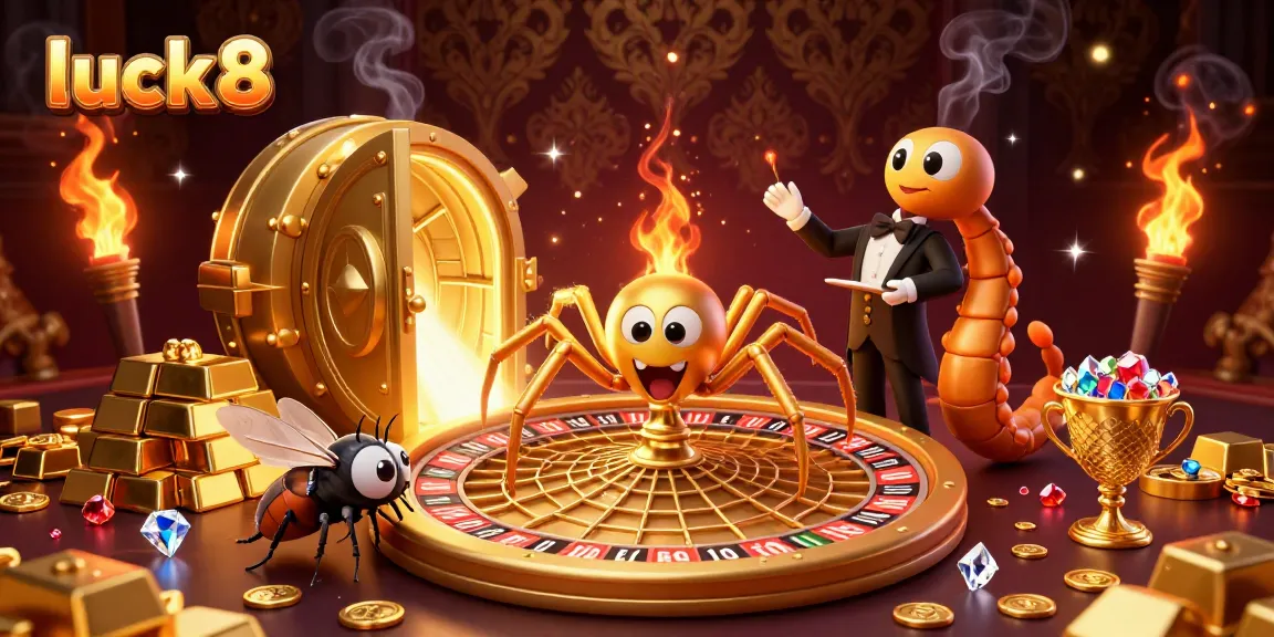 Engaging visual of luck8 with a golden roulette wheel web, showcasing a fly and centipede croupier, surrounded by treasure.