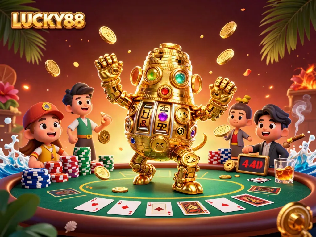 Engage with LUCKY88 at an energetic casino scene featuring a golden golem and poker elements.