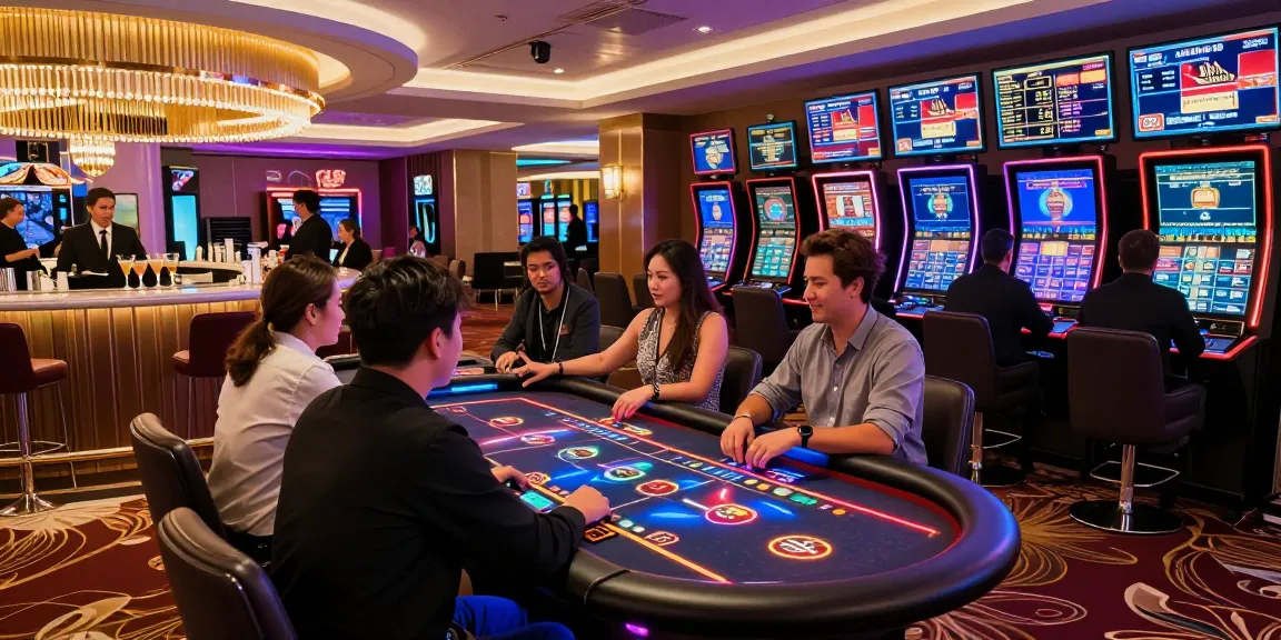 Pengalaman luxury12 di kasino modern dengan pemain terlibat dan suasana mewah.