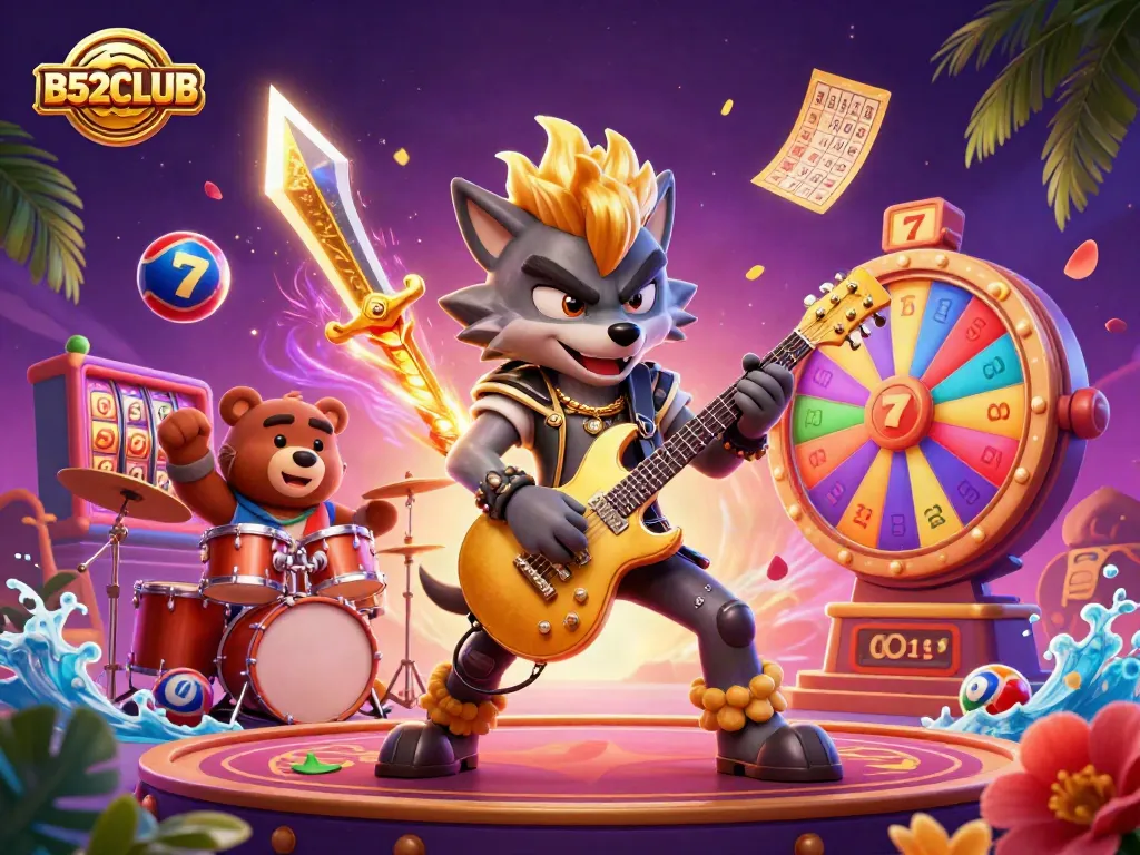 B52CLUB promotes an exciting casino atmosphere with vibrant games, lightning effects, and engaging characters.