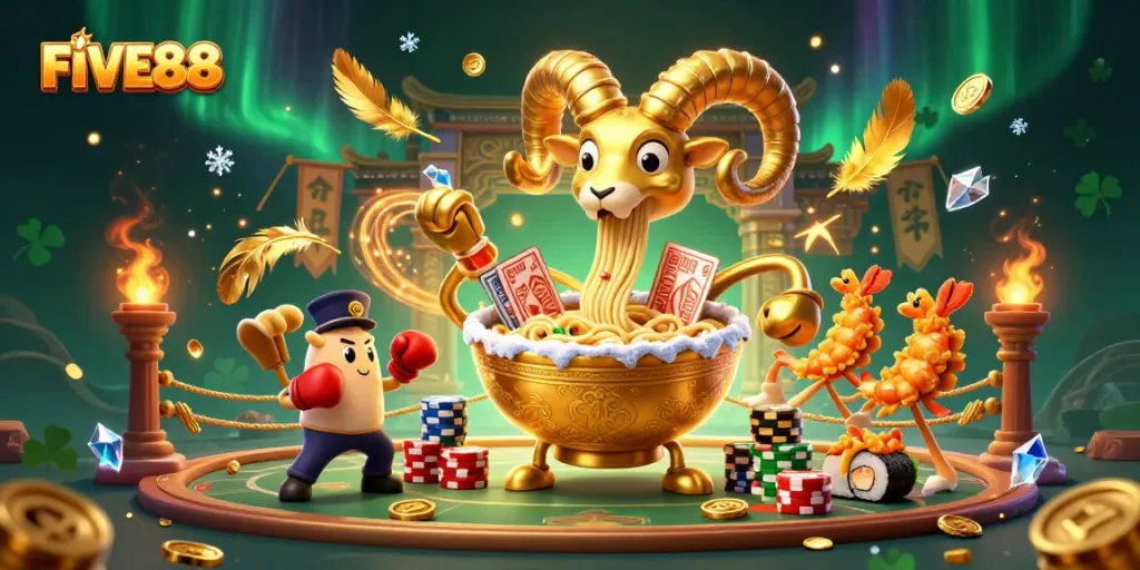 Experience exciting actions at FIVE88 with a vibrant scene of playful casino characters in action.