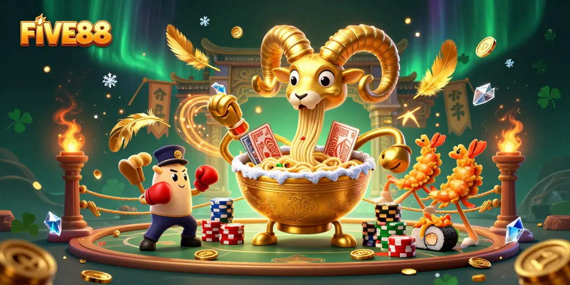 Experience exciting actions at FIVE88 with a vibrant scene of playful casino characters in action.