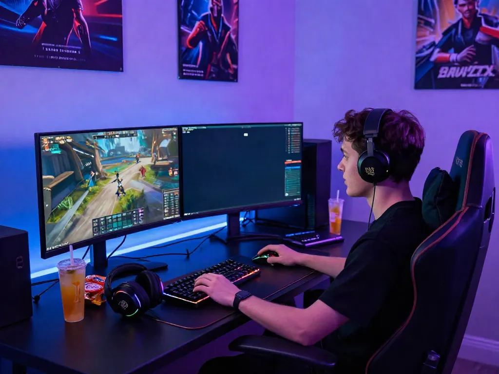 rokok88 login gaming setup with a professional gamer at a bright tech desk