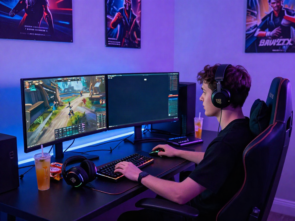 rokok88 login gaming setup with a professional gamer at a bright tech desk