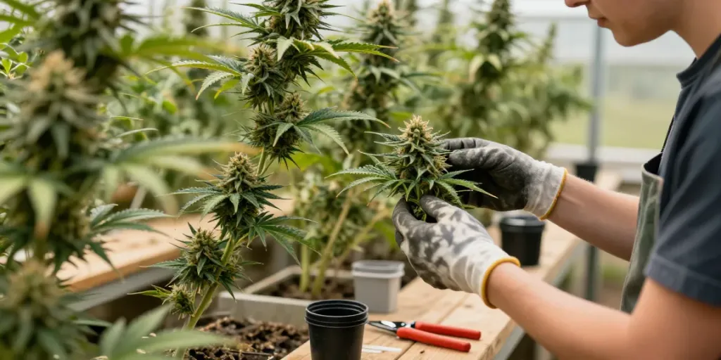 High THC weed buds growing in a greenhouse, showcasing lush cannabis plants and a grower examining quality.