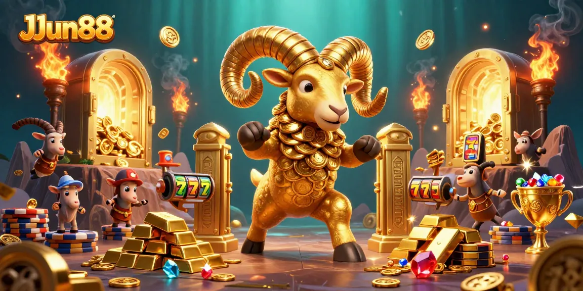Experience JJun88 with a dazzling scene of a golden ram charging through a casino-themed treasure vault