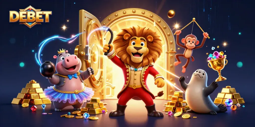 Join DEBET for thrilling casino adventures with vibrant characters in a dynamic 3D scene
