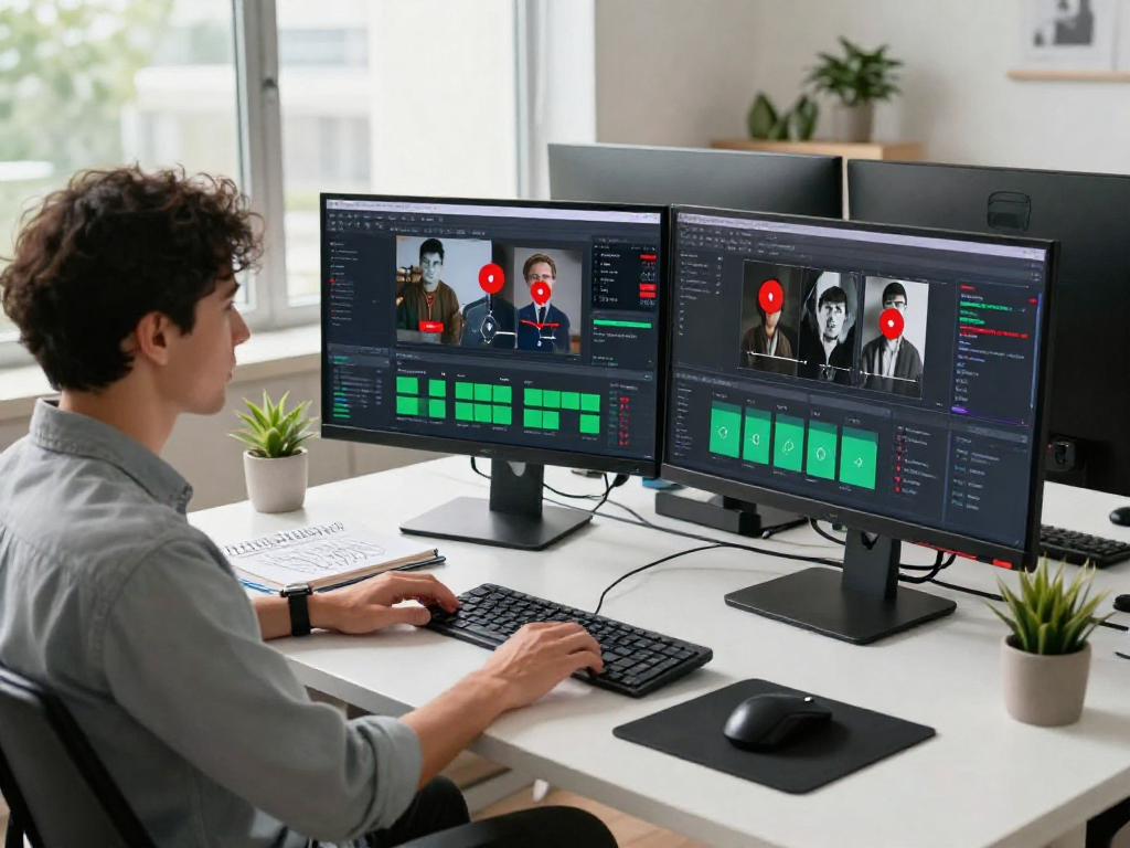 AI detector workspace featuring a data analyst reviewing flagged images and moderation analytics for advanced content safety.