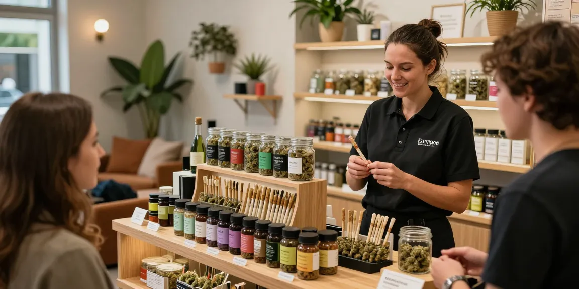 Cannabis Prerolled Joints for sale Europe displayed in a modern dispensary, highlighting product variety and customer service.