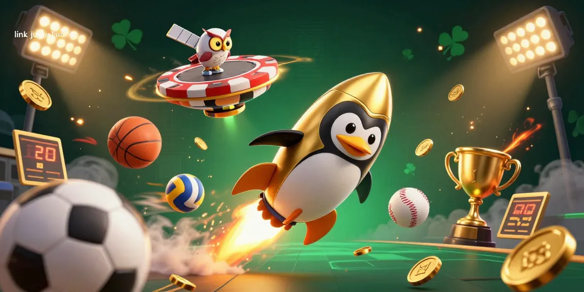 Engage with link judi bola as a golden penguin zooms through space towards a vibrant casino world.