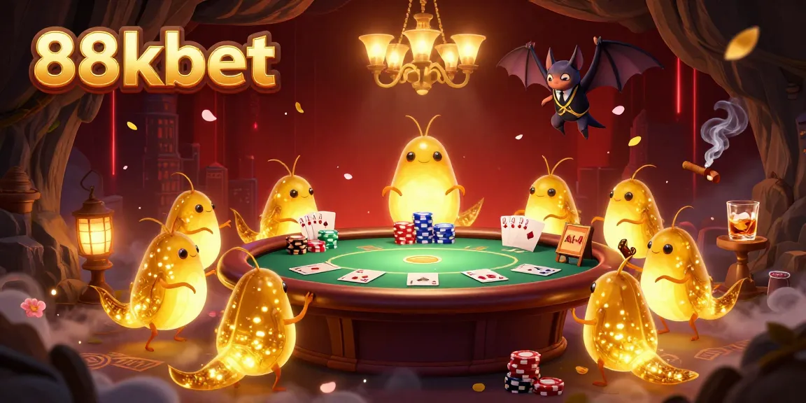Experience the vibrant glow of 88kbet illuminating a casino scene with bioluminescent characters and poker excitement.