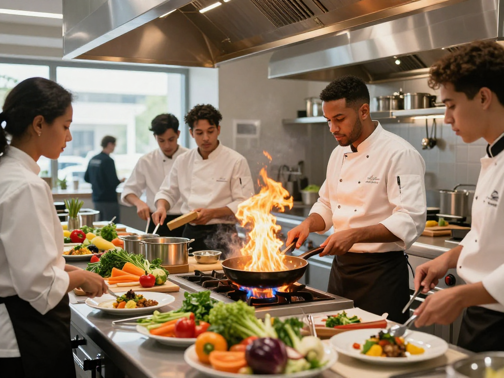 rokok88: Diverse culinary team collaborates in vibrant restaurant kitchen, showcasing expert cooking techniques and fresh ingredients.