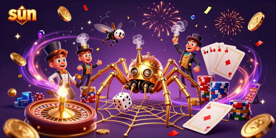 Spin and win at sun-themed online casinos featuring a steampunk spider web full of gaming treasures.