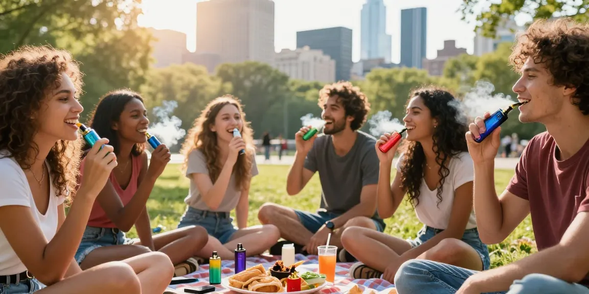 Group of friends enjoying Hitz infinity Gen 7 disposables in a city park.
