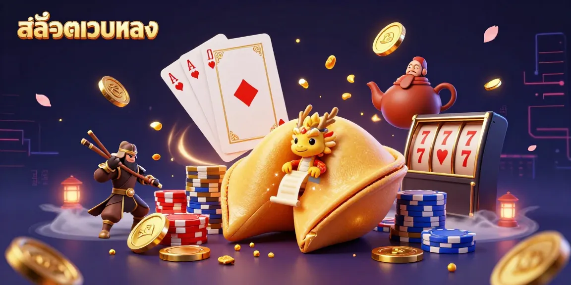 Engage with สล็อตเว็บตรง through a vibrant scene portraying fortune cookies, dragons, coins, and casino elements.