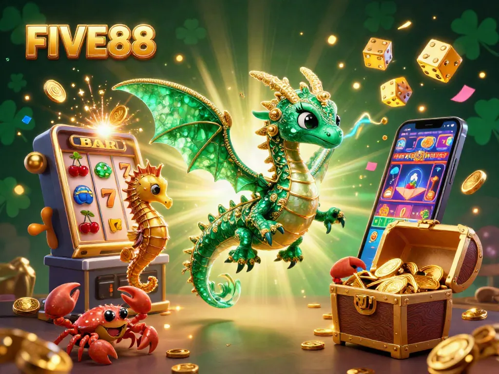 FIVE88 reveals a vibrant and dynamic online gaming experience with dazzling casino elements.