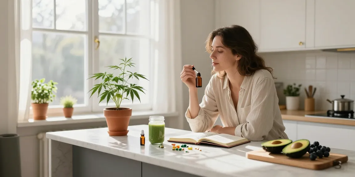 Living Soil für Cannabis in einer Wellness-Routine mit CBD-Öl, Hanfpflanze und gesunder Ernährung.