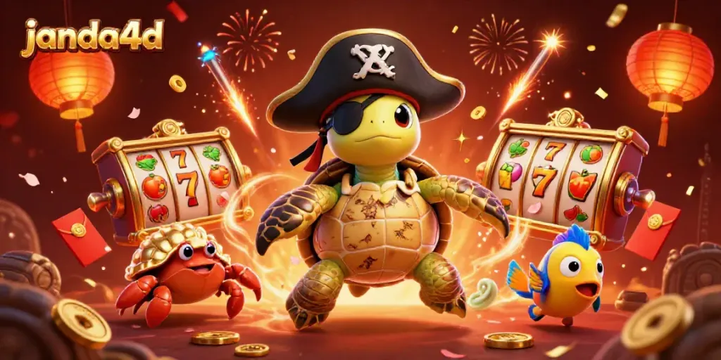 Ilustrasi 3D janda4d dengan karakter kura-kura bajak laut dan simbol slot yang memikat.