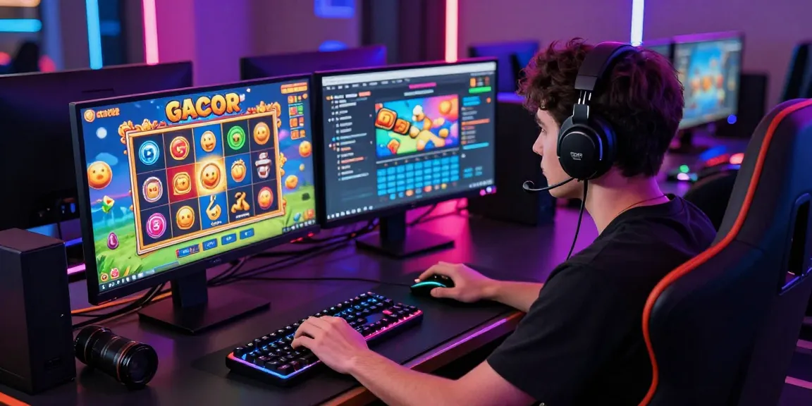 Exciting slot gacor gaming setup with colorful screens and accessories