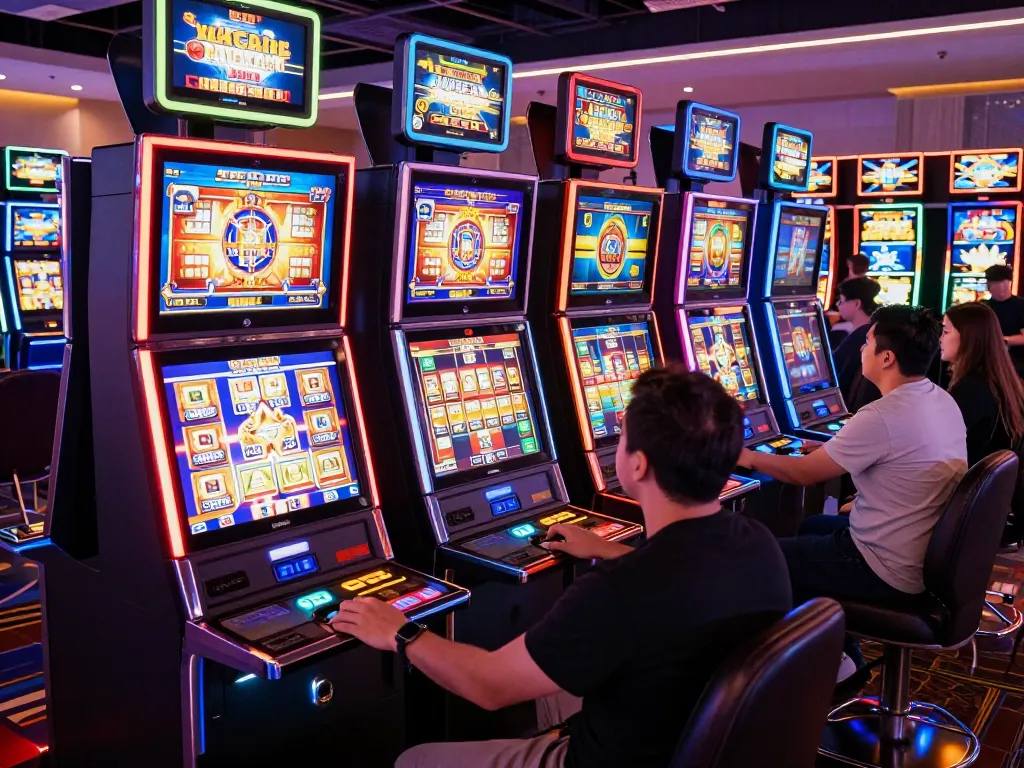 Players enjoy a thrilling slot bet 200 with vibrant machines lighting up the casino scene