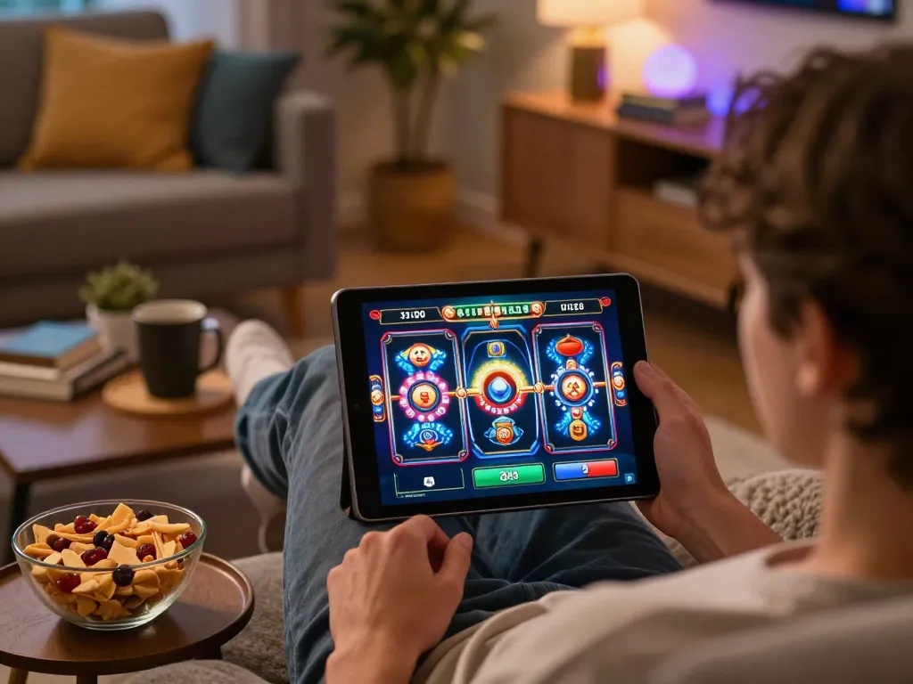 Player enjoying an exciting online slot game with 7hh on tablet in a cozy living room setting