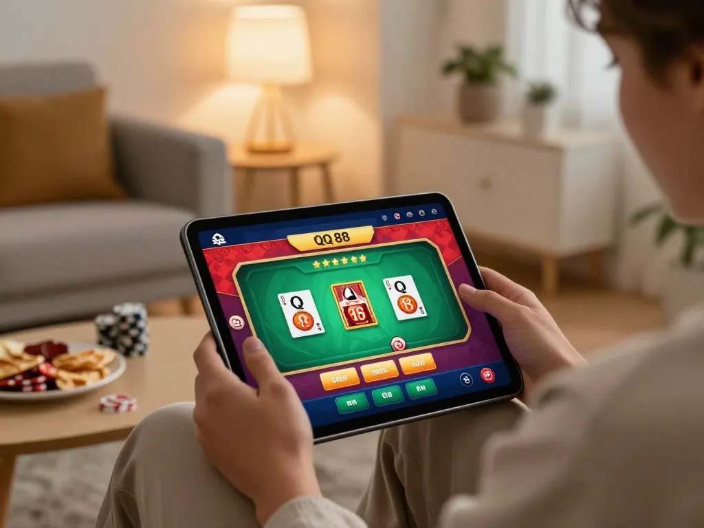 Player enjoying QQ 88 casino app on a tablet in a cozy setting, highlighting online gaming excitement.