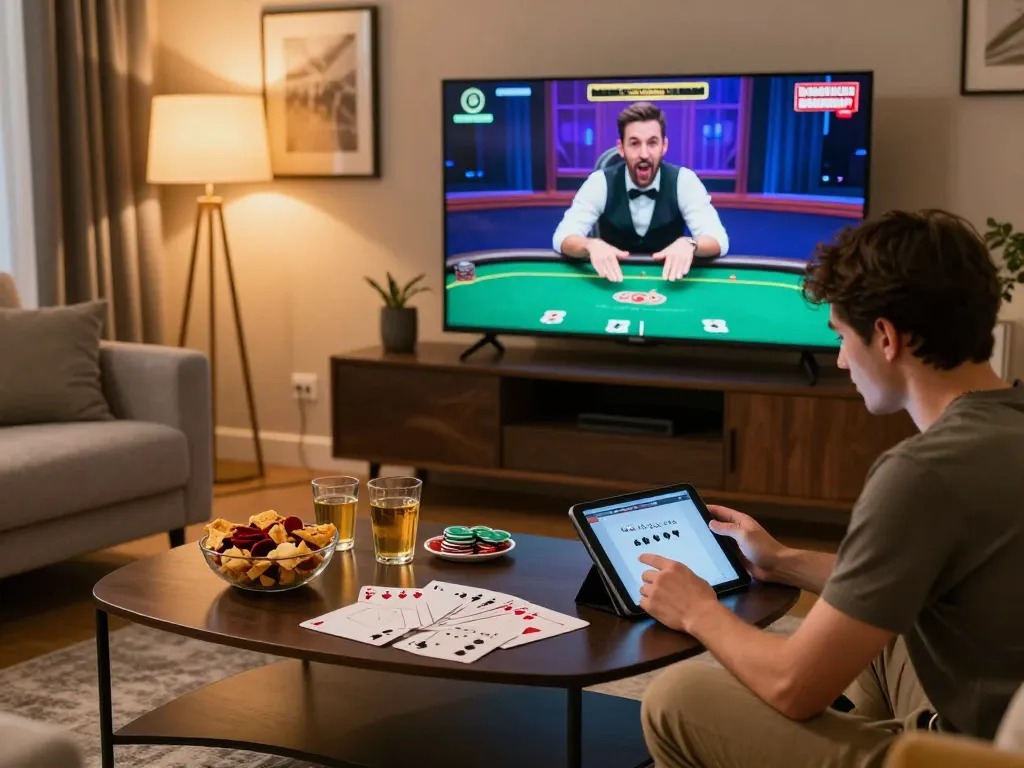 Player engaging in a thrilling poker game on GO8s while enjoying a cozy home atmosphere with snacks.
