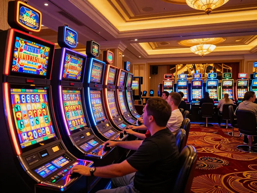 Players enjoying vibrant slot machines at 888top casino, capturing the excitement of winning