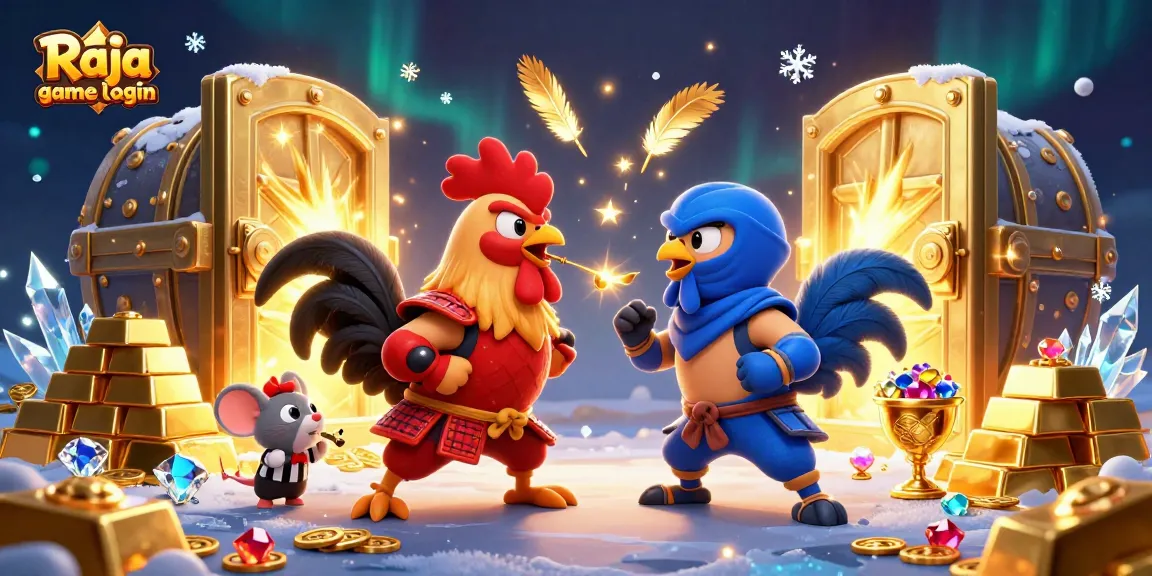 Participate in thrilling battles with Raja game login, featuring dynamic roosters in an engaging 3D scene.