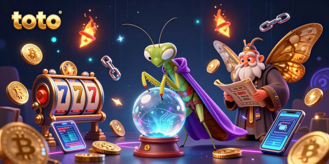 Toto the fortune teller reveals winning slot strategies through mystical crystal ball in vibrant illustration.