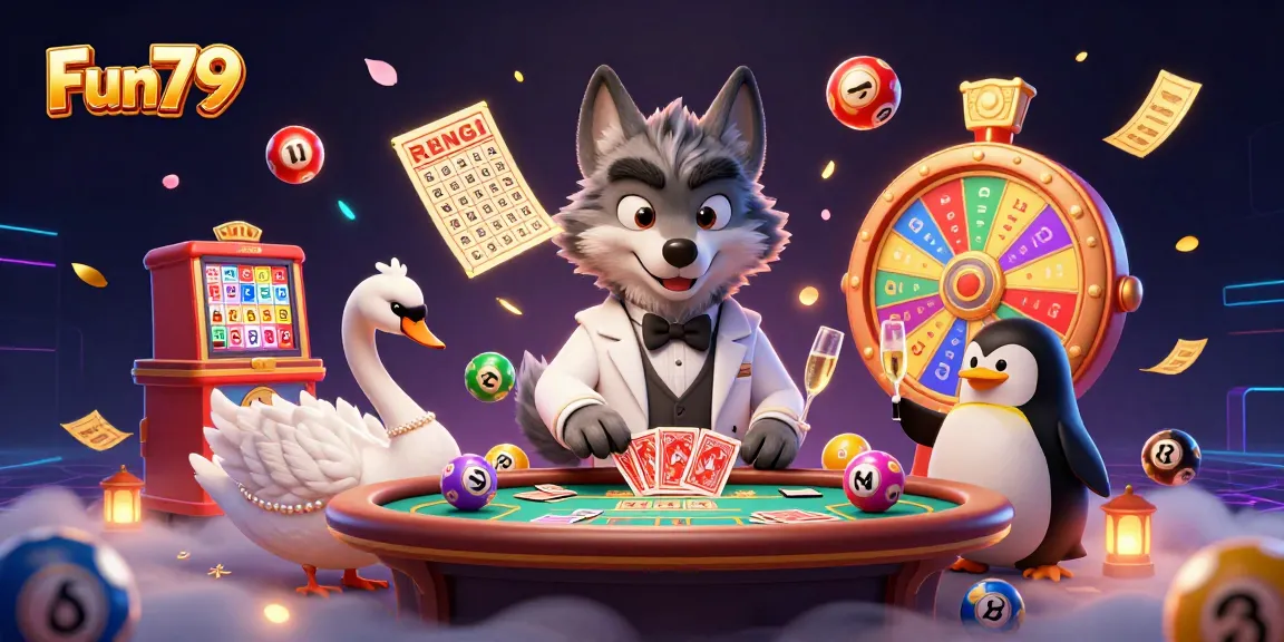 Experience the thrill of Fun79 with engaging characters and dynamic casino elements in a vibrant 3D illustration.