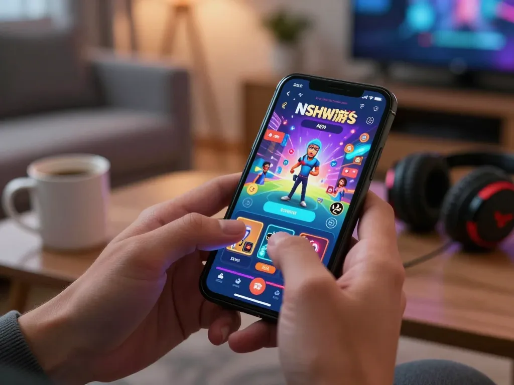 Engaging gameplay on an NSFW games apk mobile interface with vibrant graphics in a cozy living room.