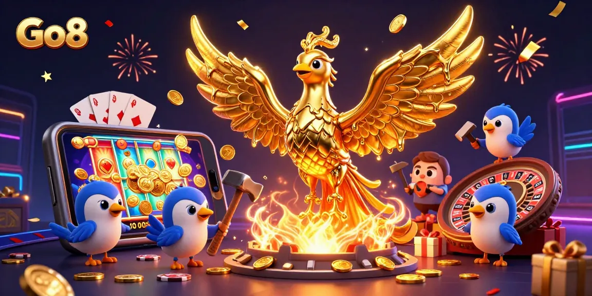 Engage with Go8's exciting world featuring a molten metal phoenix, gaming elements, and vibrant casino action.