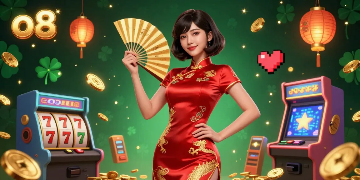Experience the thrilling world of o8 with vibrant slots and gold coins cascading around a beautiful Asian woman.