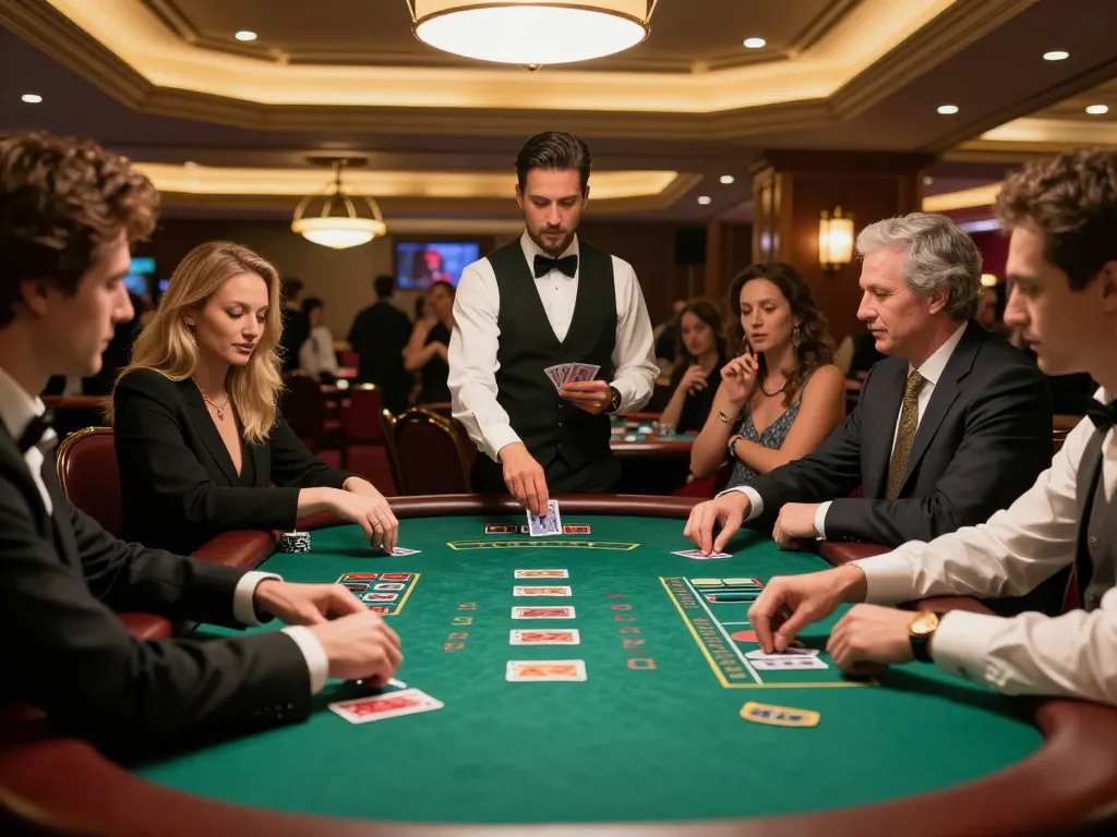 Players enjoying a strategic game of blackjack at 388bet casino, showcasing intense gameplay and excitement.