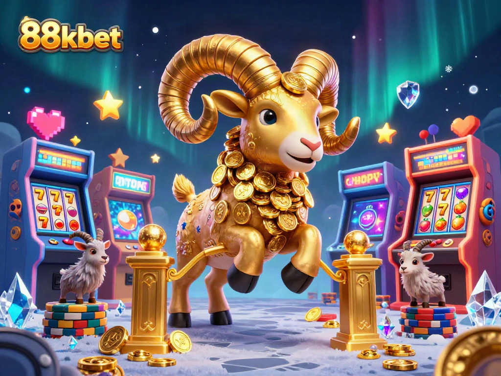Engage with the thrill of 88kbet featuring a golden ram and casino elements in a dynamic scene.