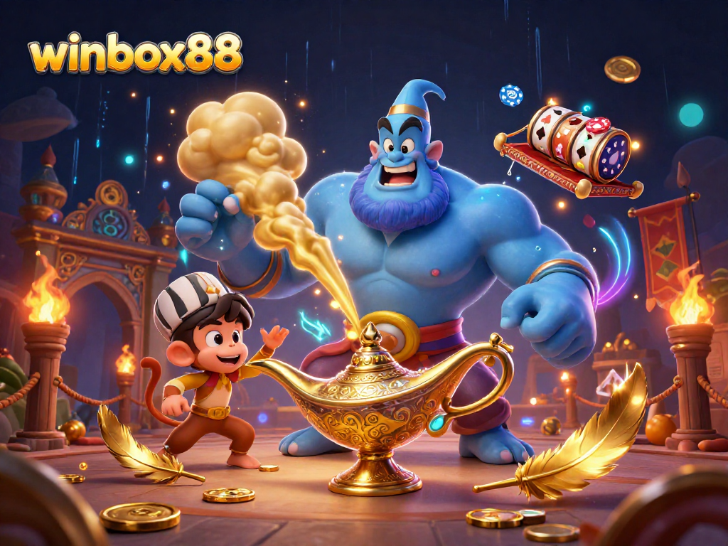 Winbox88's enchanting casino scene features a vibrant genie, monkey, and magic carpet amidst thrilling slots and gold!