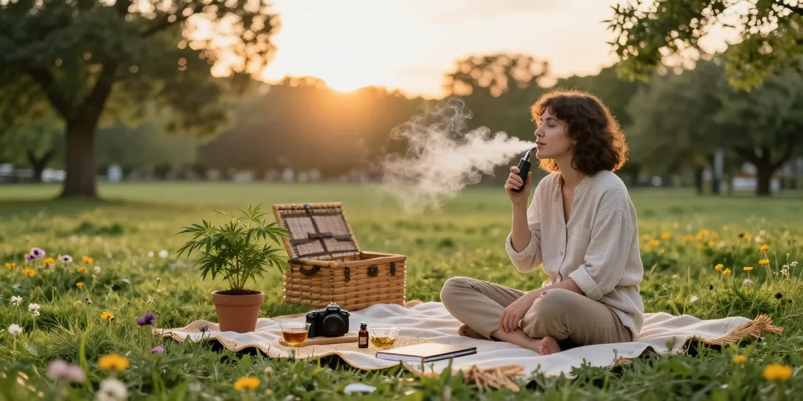 Vape weed and CBD oil showcased in a serene outdoor wellness moment with hemp plants and herbal teas.