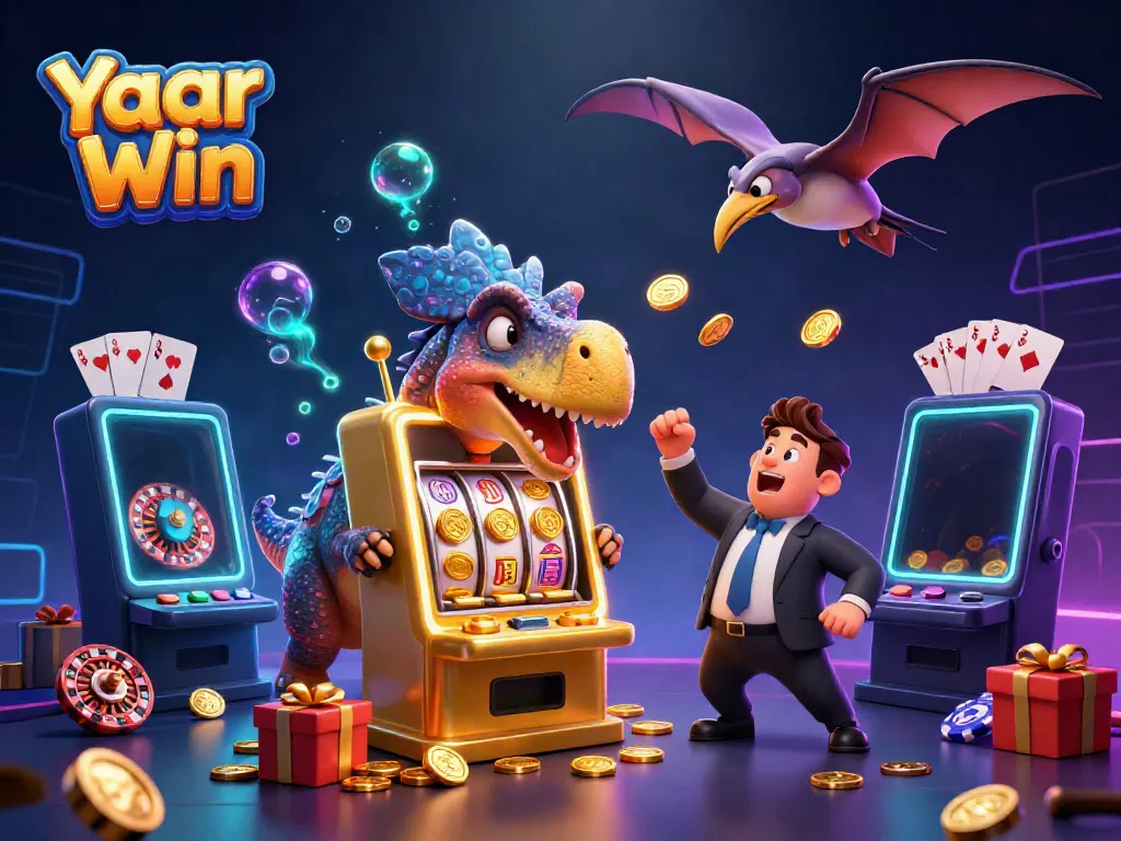 Yaar Win dynamic scene showcasing a pachycephalosaurus at a golden slot machine winning coins in a vibrant casino.