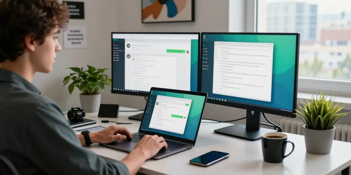 Using WhatsApp電腦版 on a modern workspace laptop setup, showcasing productivity and communication.