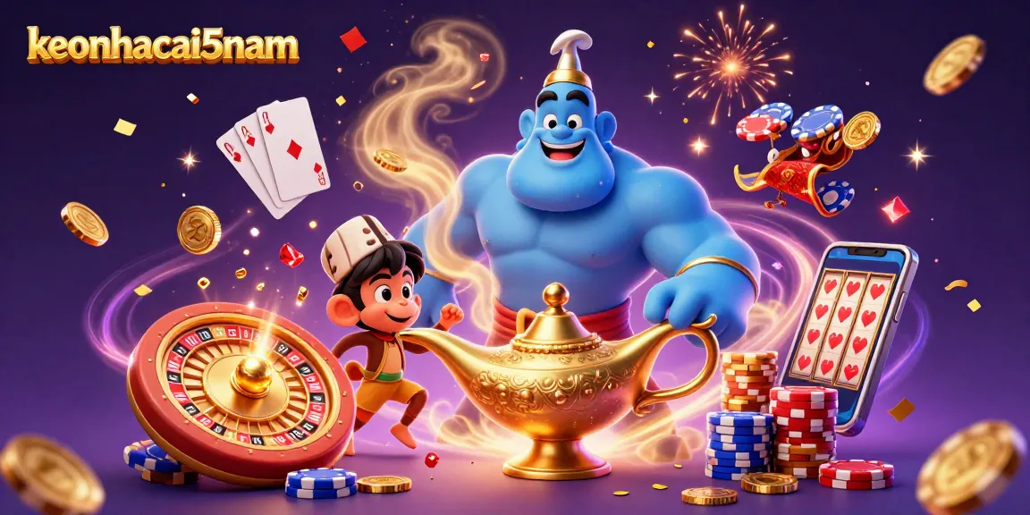 Engage with keonhacai5nam in a vibrant casino-themed 3D illustration featuring a genie, monkey, and flying carpet.